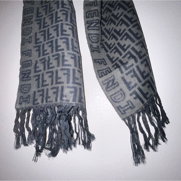 Fendi: Logo and Monogram Wool Tassel Scarf (Grey) - Picture 10 of 13